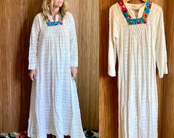 Vintage Guatemalan Embroidered Maxi Dress-Hand Loomed White CottonFolk Embroidery Boho Ethnic Maxi