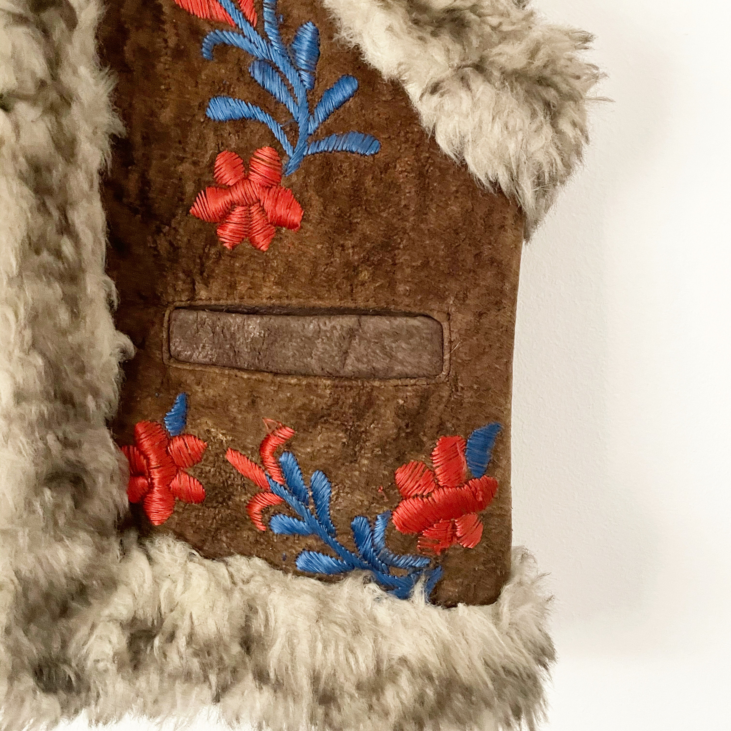 Vintage 70s Embroidered Ethnic Faux Fur Vest , Suede Embroidered