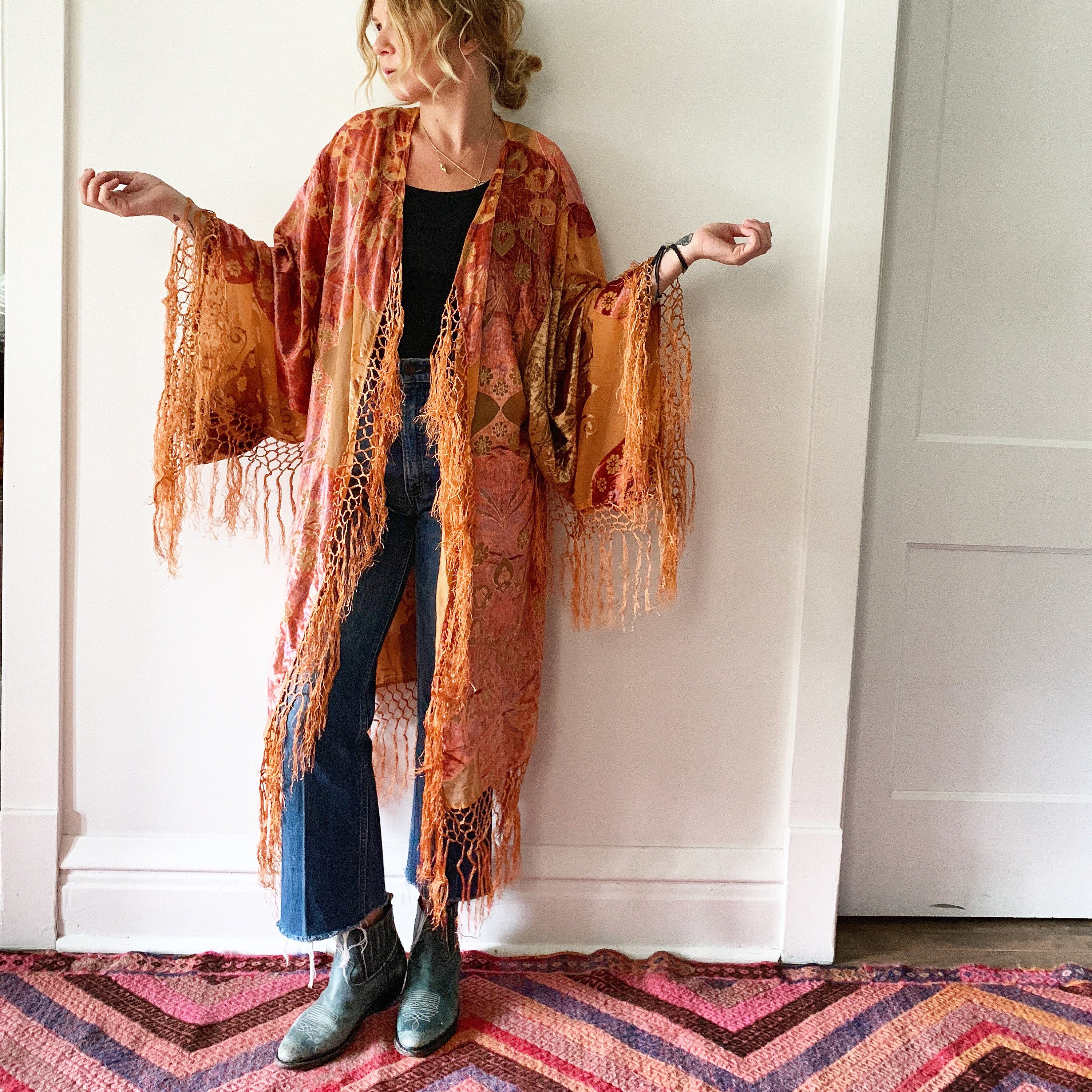 Vintage Velvet Kimono, Duster, Layering Jacket , Velvet Kimono
