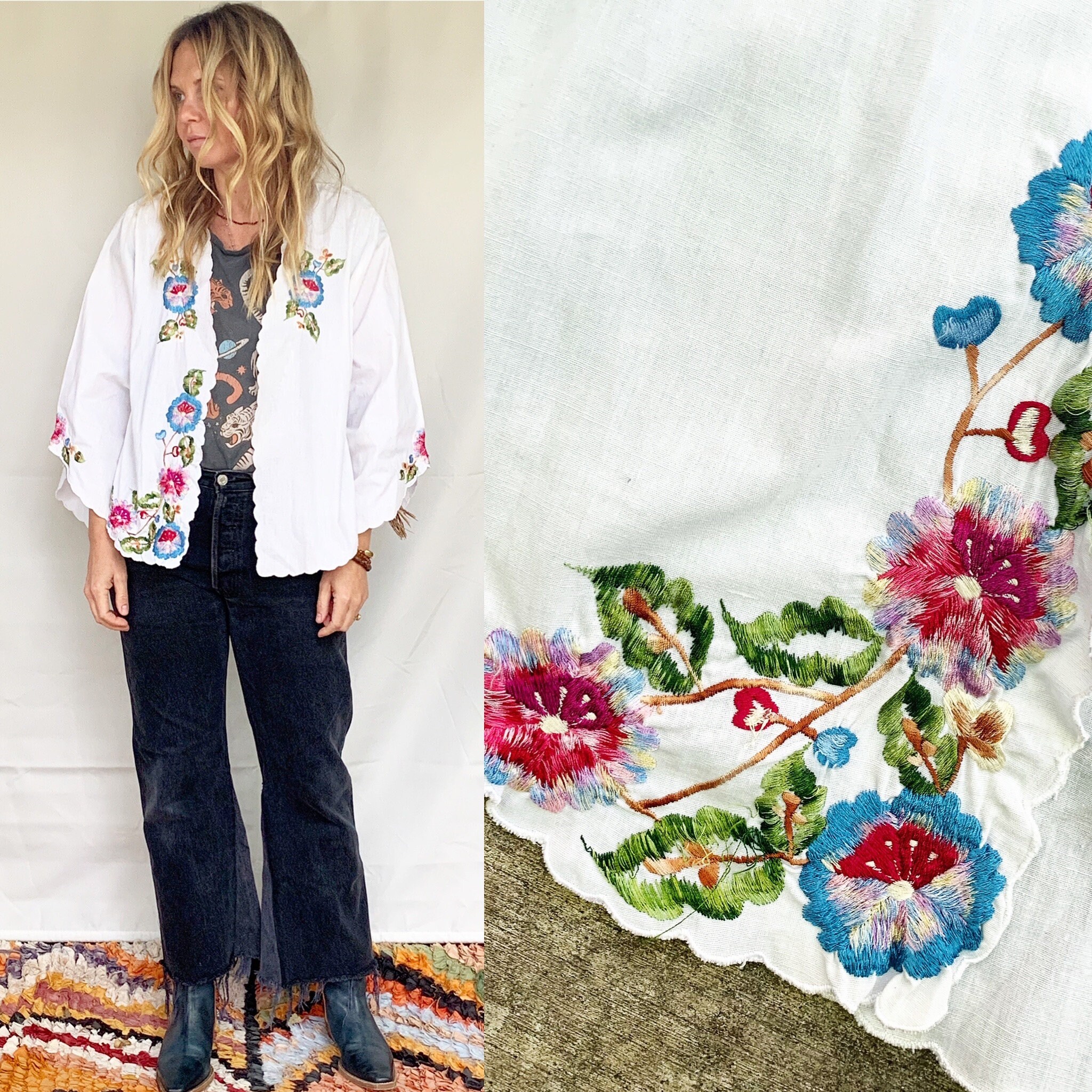 Vintage White Embroidered Jacket , Scallop Edge Layering Jacket , French Over shirt , BOHO Jacket