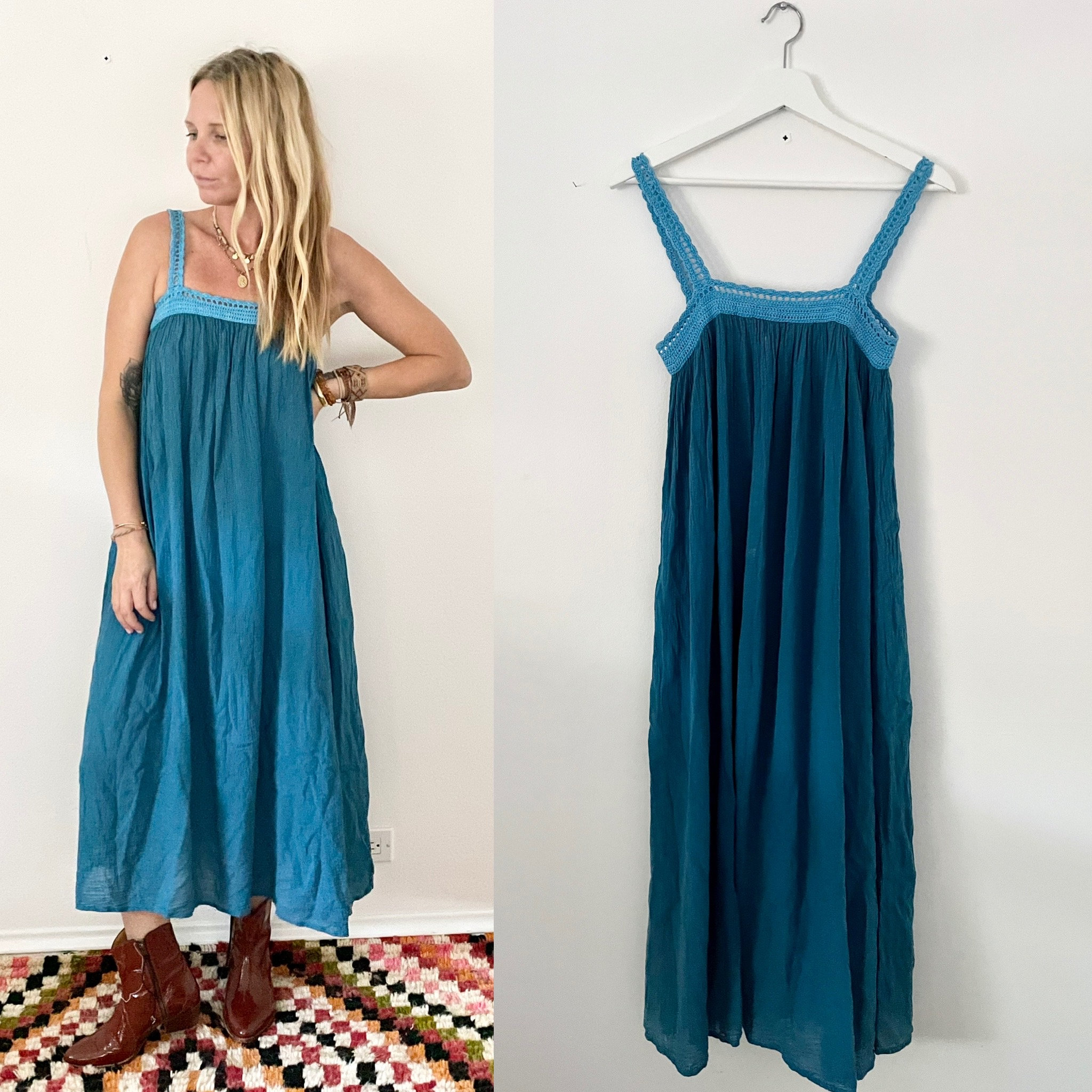 Vintage Cotton Gauze Tent Dress , Crochet Gauze Midi Dress , Cotton