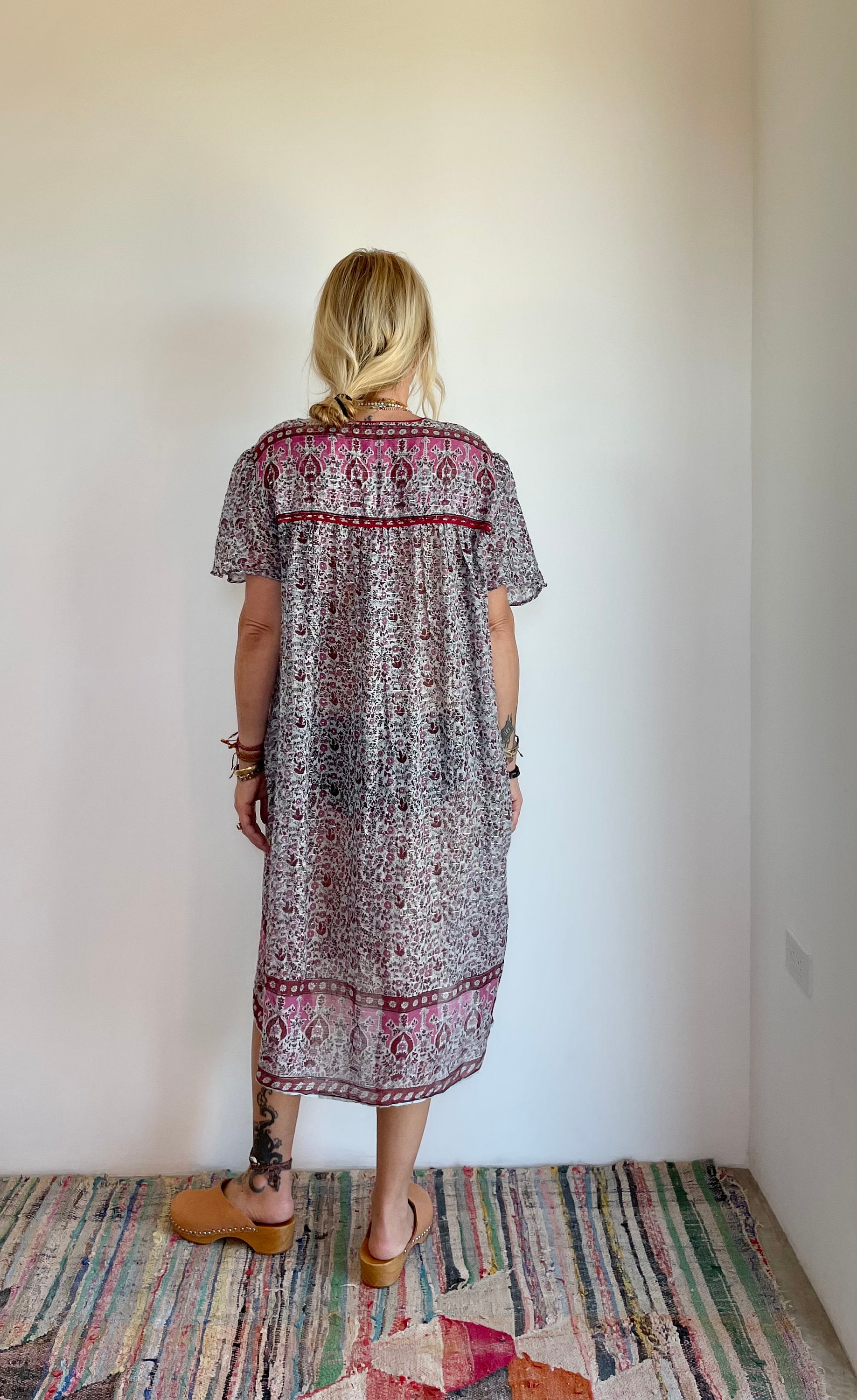 Vintage Metallic India Cotton Gauze Tunic Dress , Indian Gauze Dress