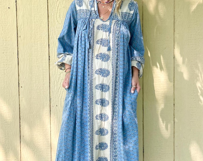 Vintage 70s Pakistani Block Print Dress ,  Cotton Maxi Dress , Block Print Cotton Dress , BOHO Dress , Blue White Dress