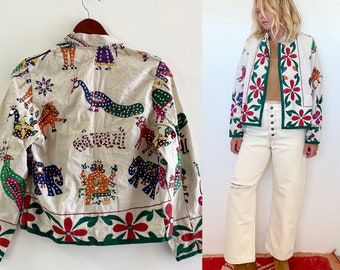 Vintage India Cotton Embroidered Studded Jacket, Hand Beaded Embroidered Jacket ,  India Jacket , Bohemian Crop Jacket