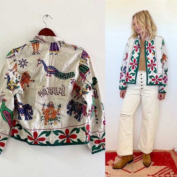 Vintage India Cotton Embroidered Studded Jacket, Hand Beaded Embroidered Jacket ,  India Jacket , Bohemian Crop Jacket