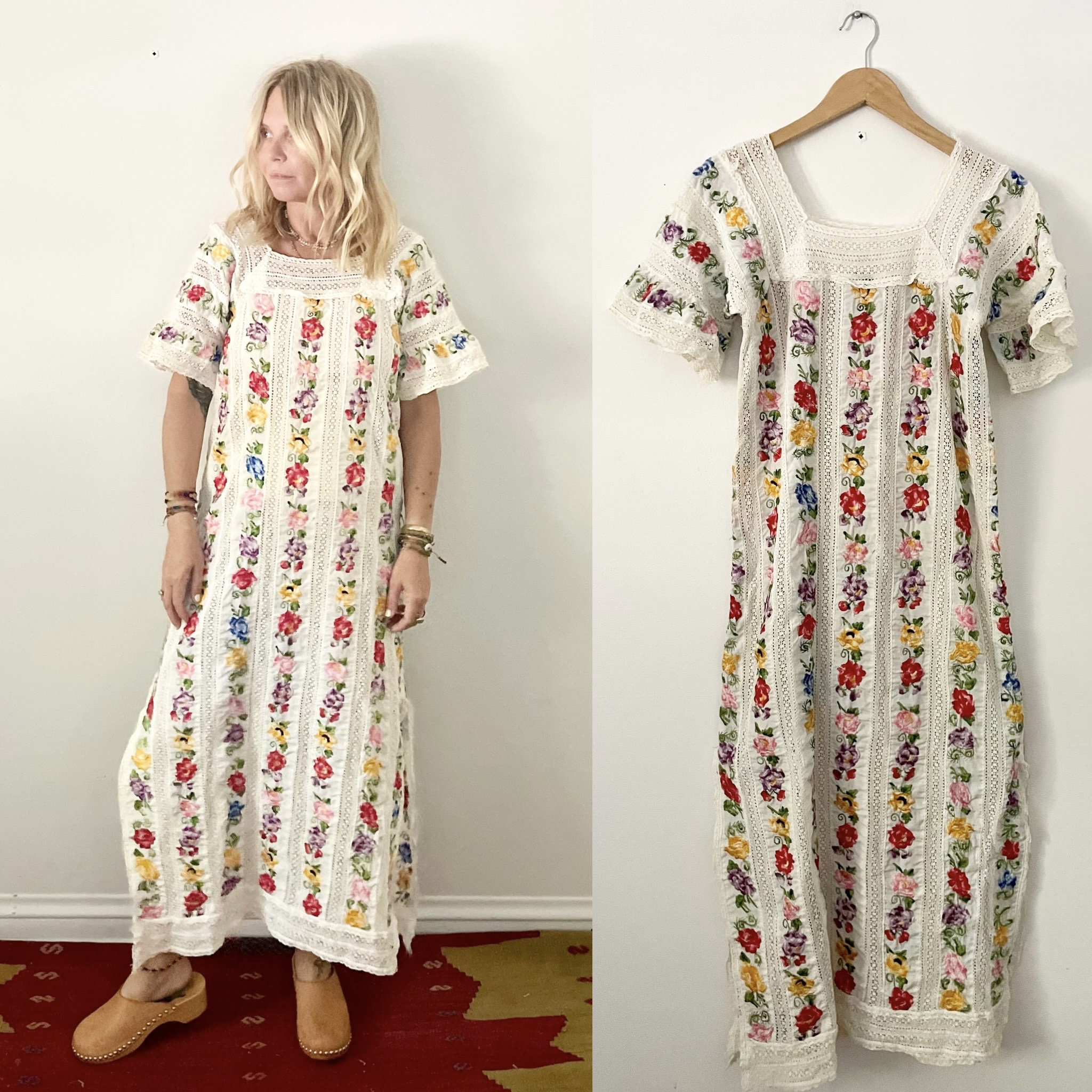 Vintage Mexican Embroidered Dress Hand Embroidered Laced Dress Mexican Maxi Dress Hand Embroidered Mexican Dress