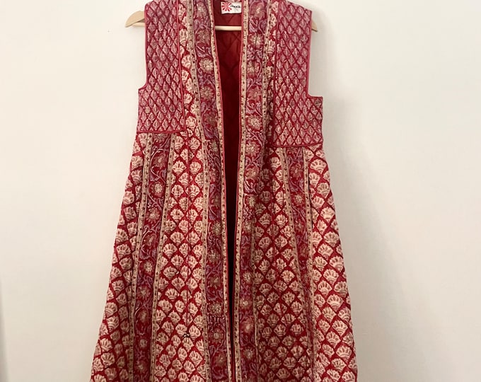 Vintage PHOOL Quilted Maxi Vest , Phool Block Print Quilted Duster , Indian Quilted Padded Vest , Quilted Gauze Duster, Indian Quilted Vest