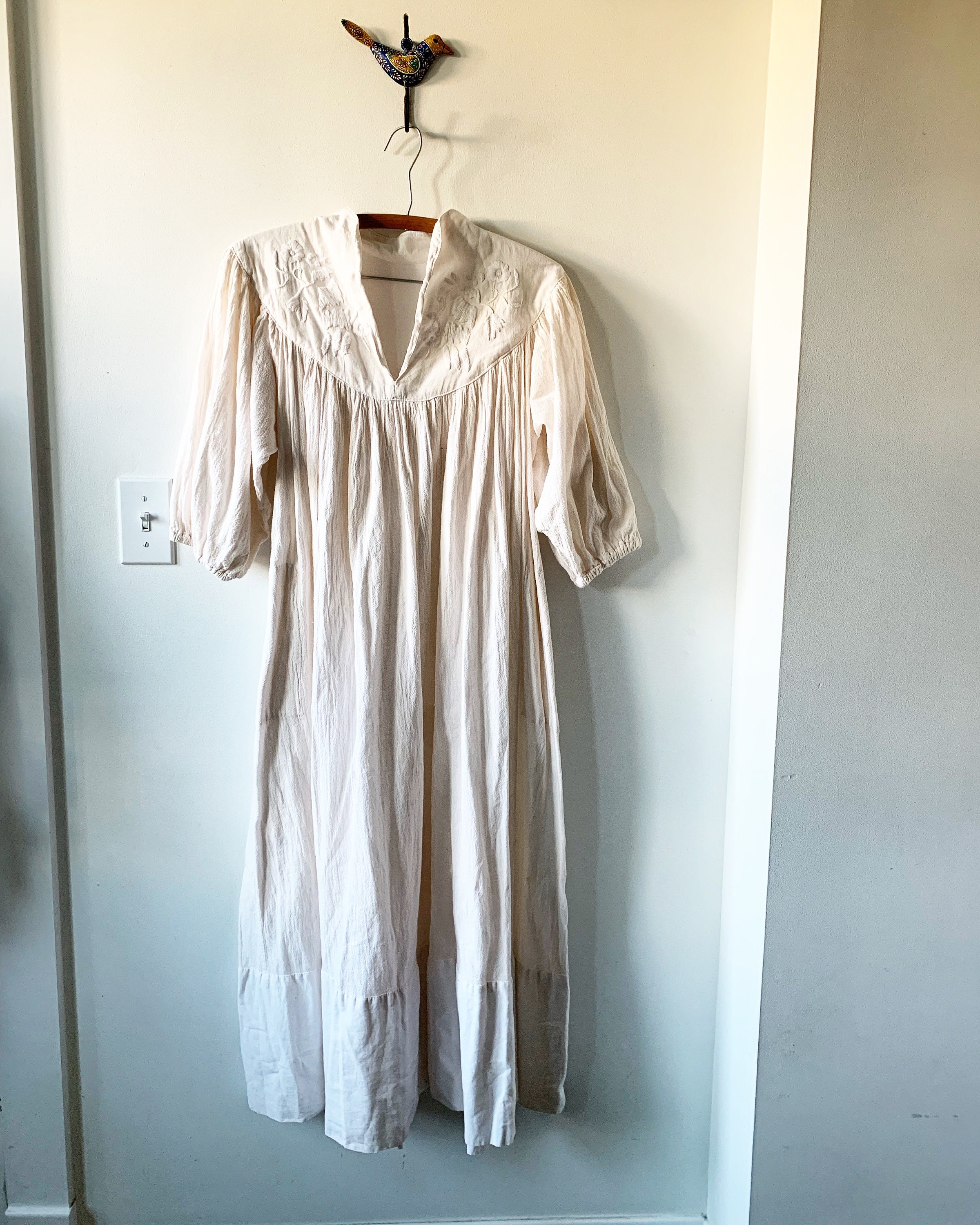 Vintage Indian cotton Dress w/ Embroidery, Embroidered Cotton Midid Dress