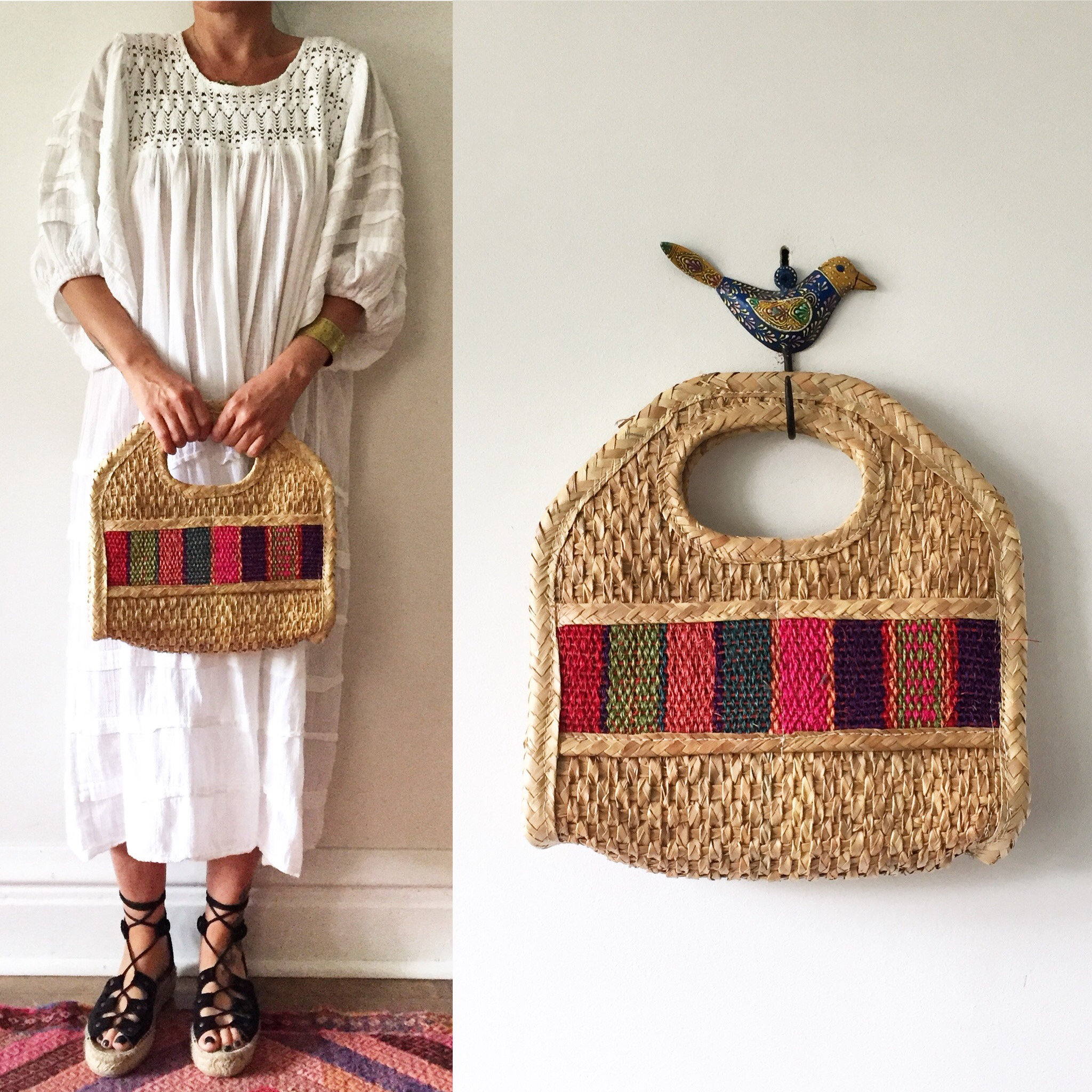 Vintage Mexican Straw Handbag , Straw Summer Bag
