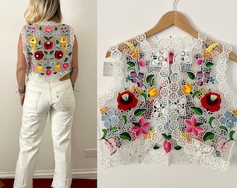 Vintage Hungarian Kalosca Embroidered Lace Folk Vest , Fok Peasant Top , Blouse