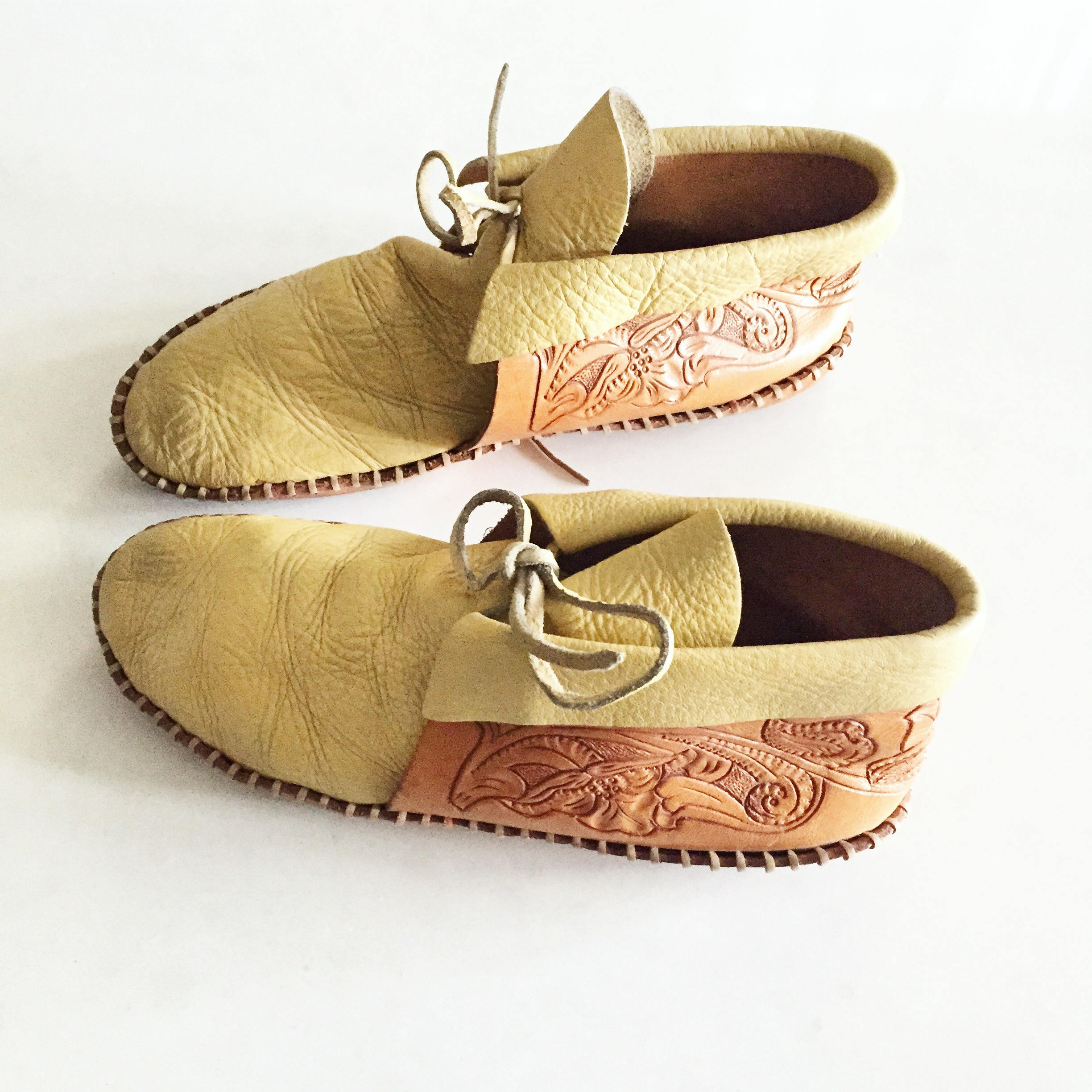 Vintage Tooled Leather Moccasins , Leather Moccasins