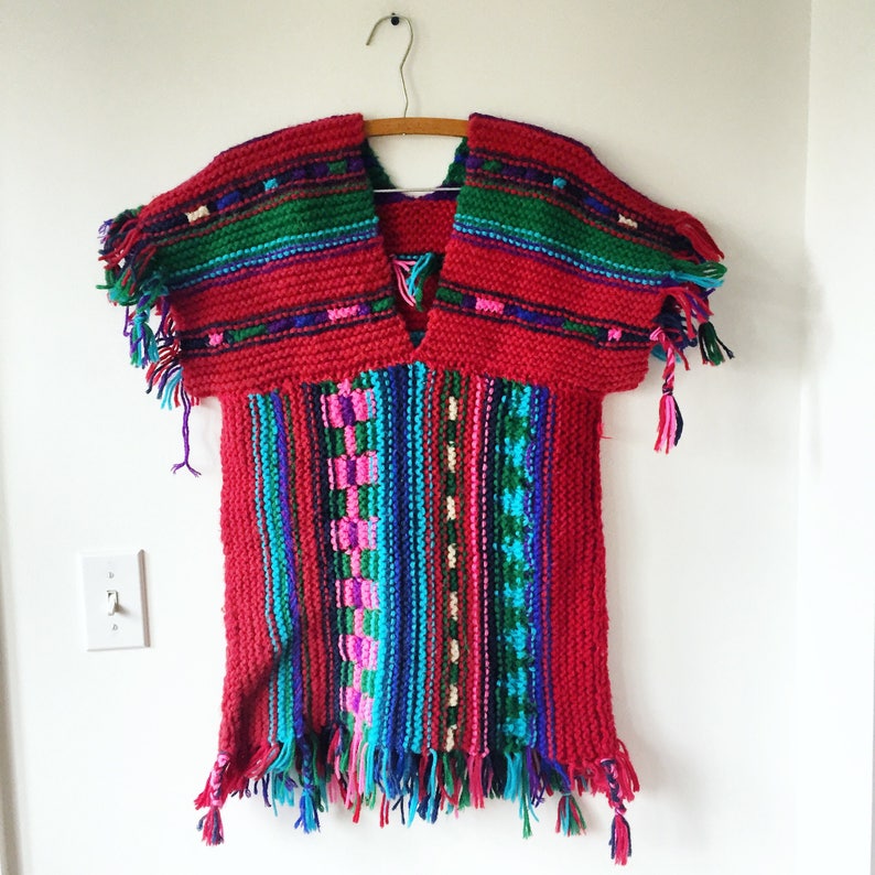 Fringed Sweater Vintage 70s Chunky Knit Colorful Sweater Tunic