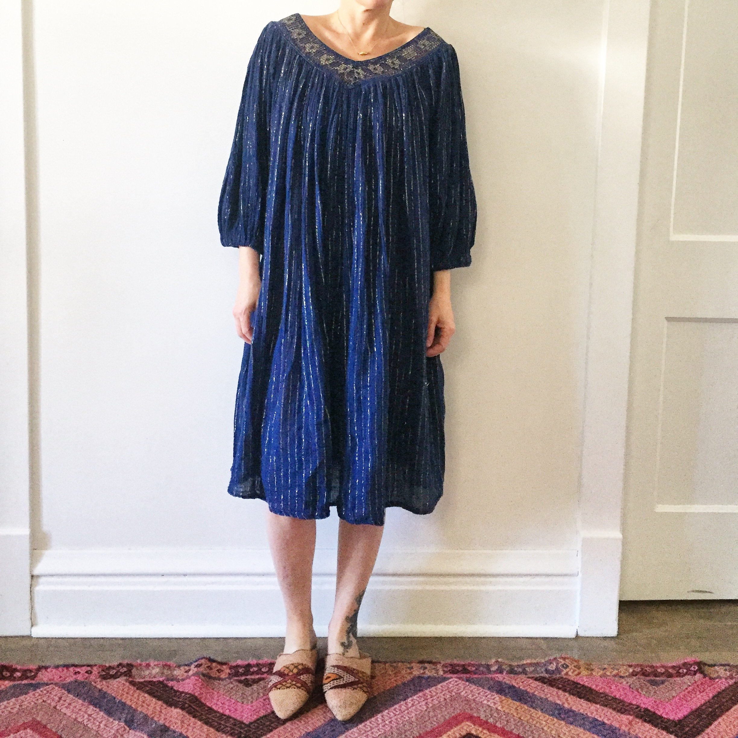 Vintage Cotton Gauze Grecian Dress , Cotton Gauze Lurex Dress