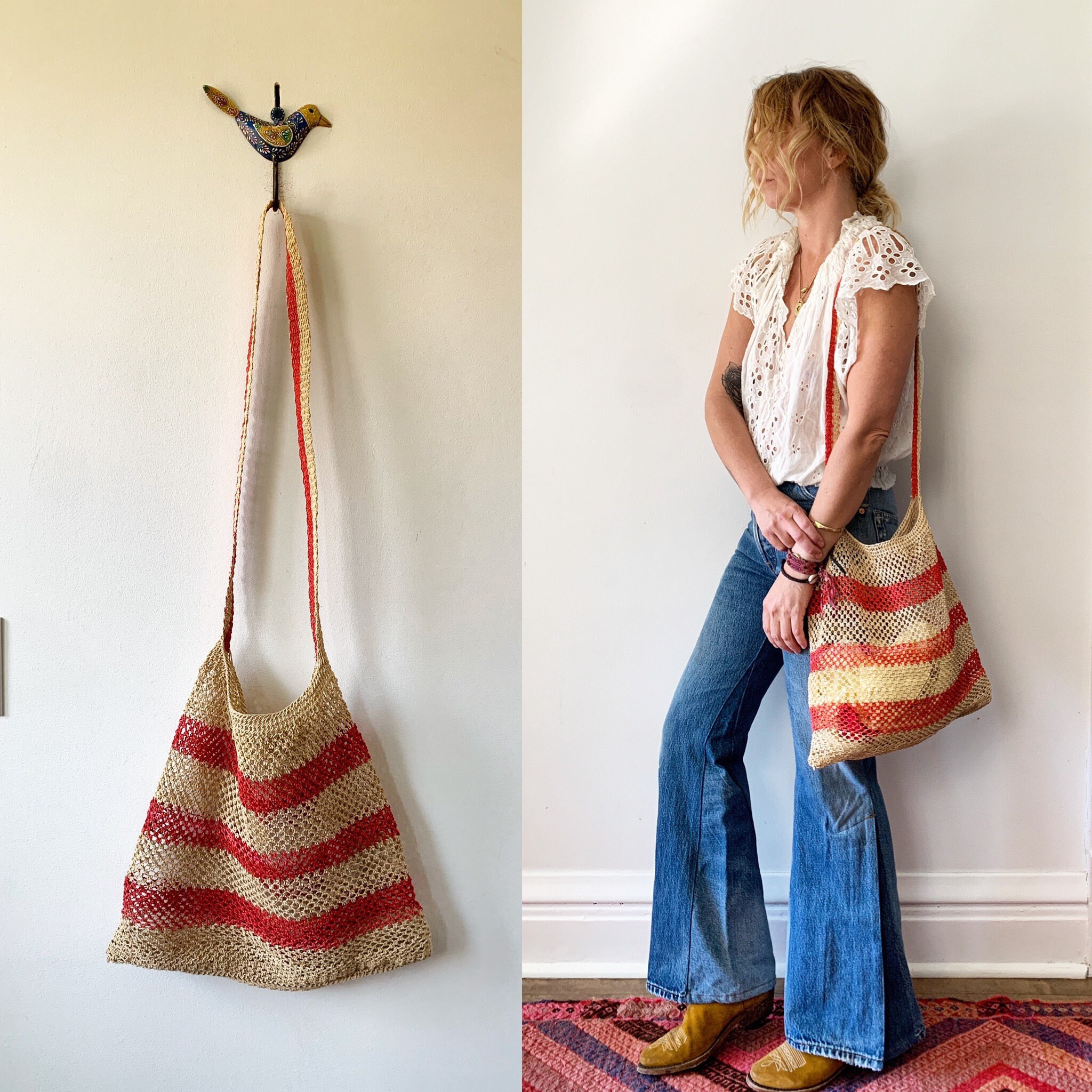 Vintage Woven Bilum Bag , Woven Beach Bag
