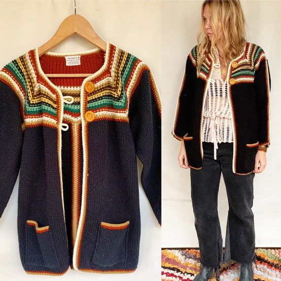 Vintage 70s BOHO Cardigan , Afghan Crochet Cardiga