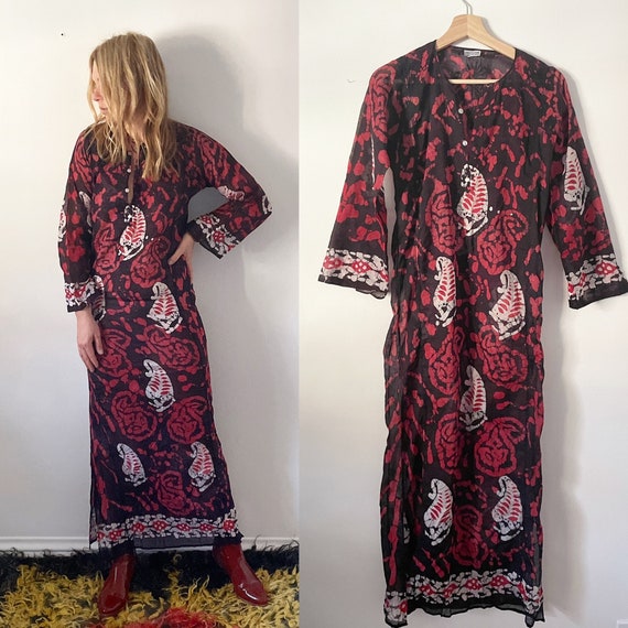 Vintage 70s Indian Cotton Batik Kaftan , India Bat