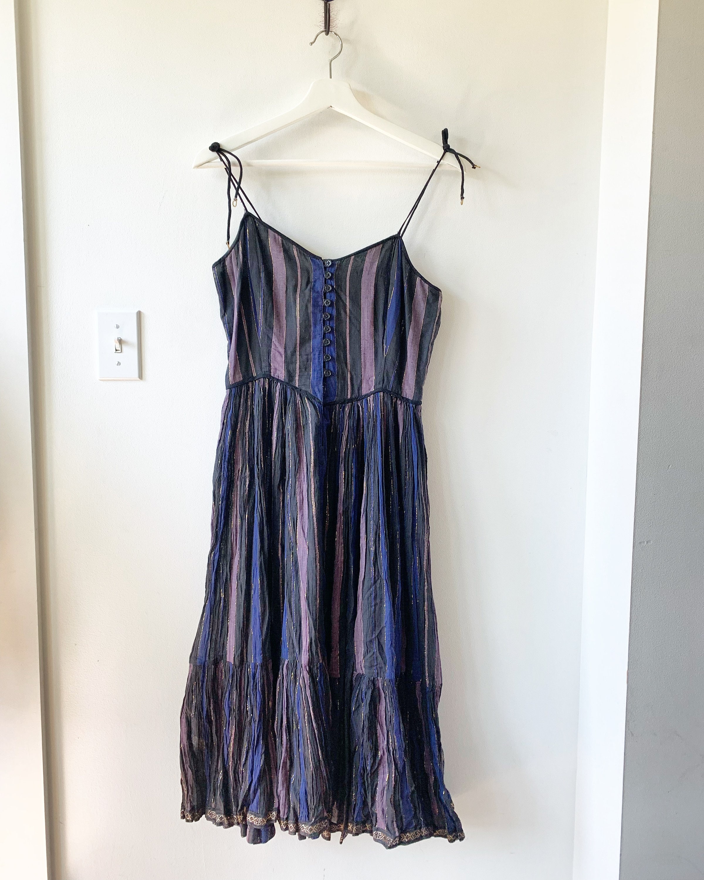 Vintge 70s PHOOL Indian Gauze Spaghetti Strap Dress , Indian Lurex Sun