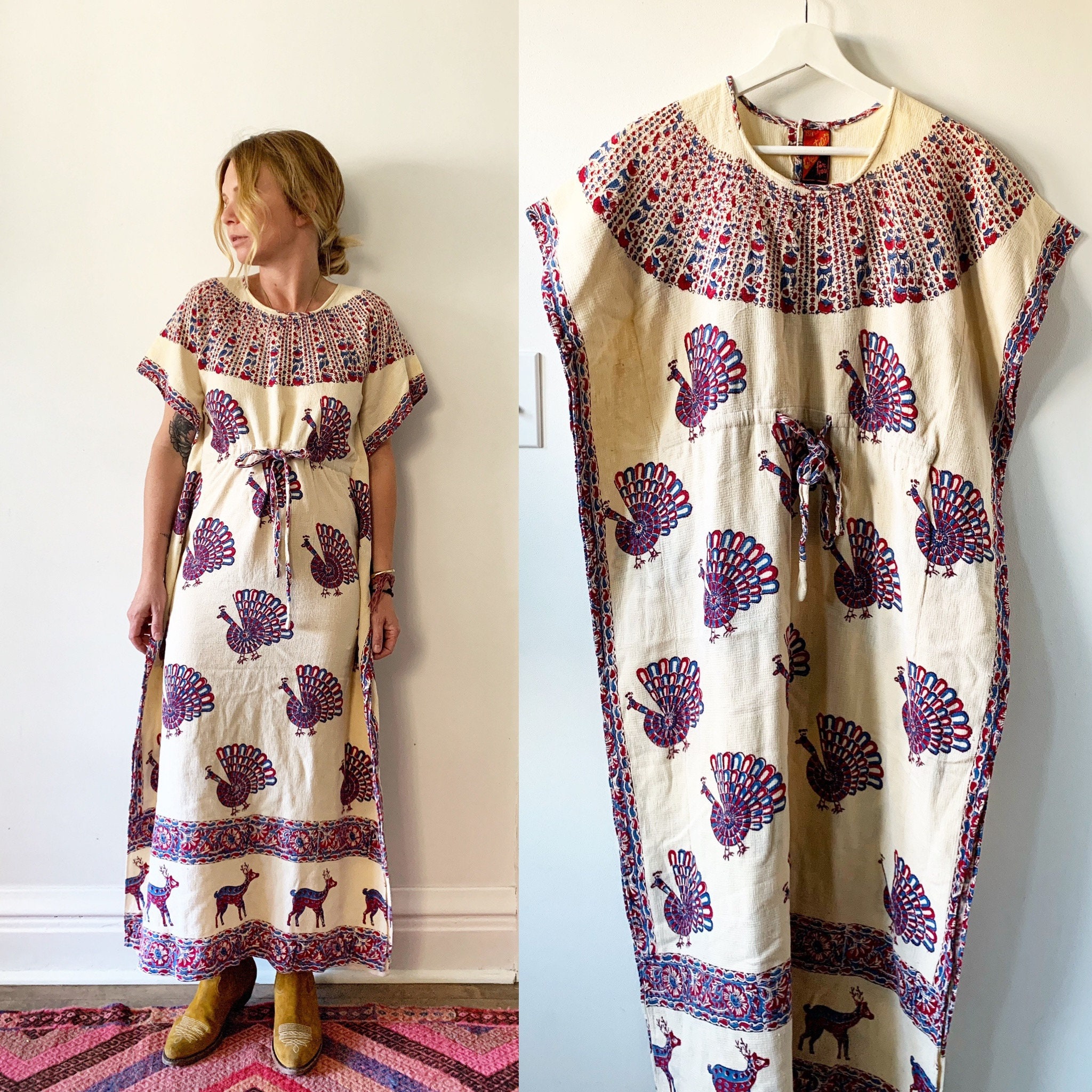 Vintage 70s India Block Print Kaftan, Peacock Print Kaftan