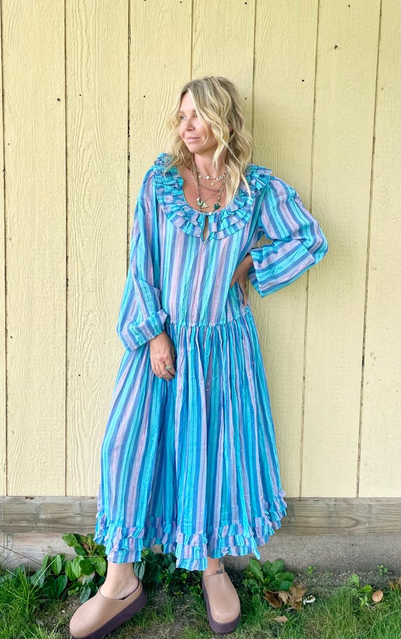 Vintage Adini Indian Cotton Dress: Pastel Striped Bohemian Ruffle - Main Image