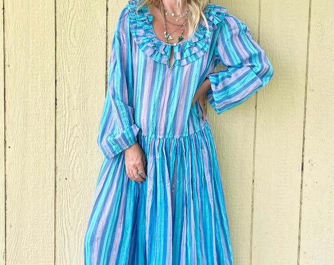 Vintage Adini Indian Cotton Dress , Adini India Cotton Pastel Striped Dress, Pink and Blue India Cotton Ruffles Dress , Bohemian Dress