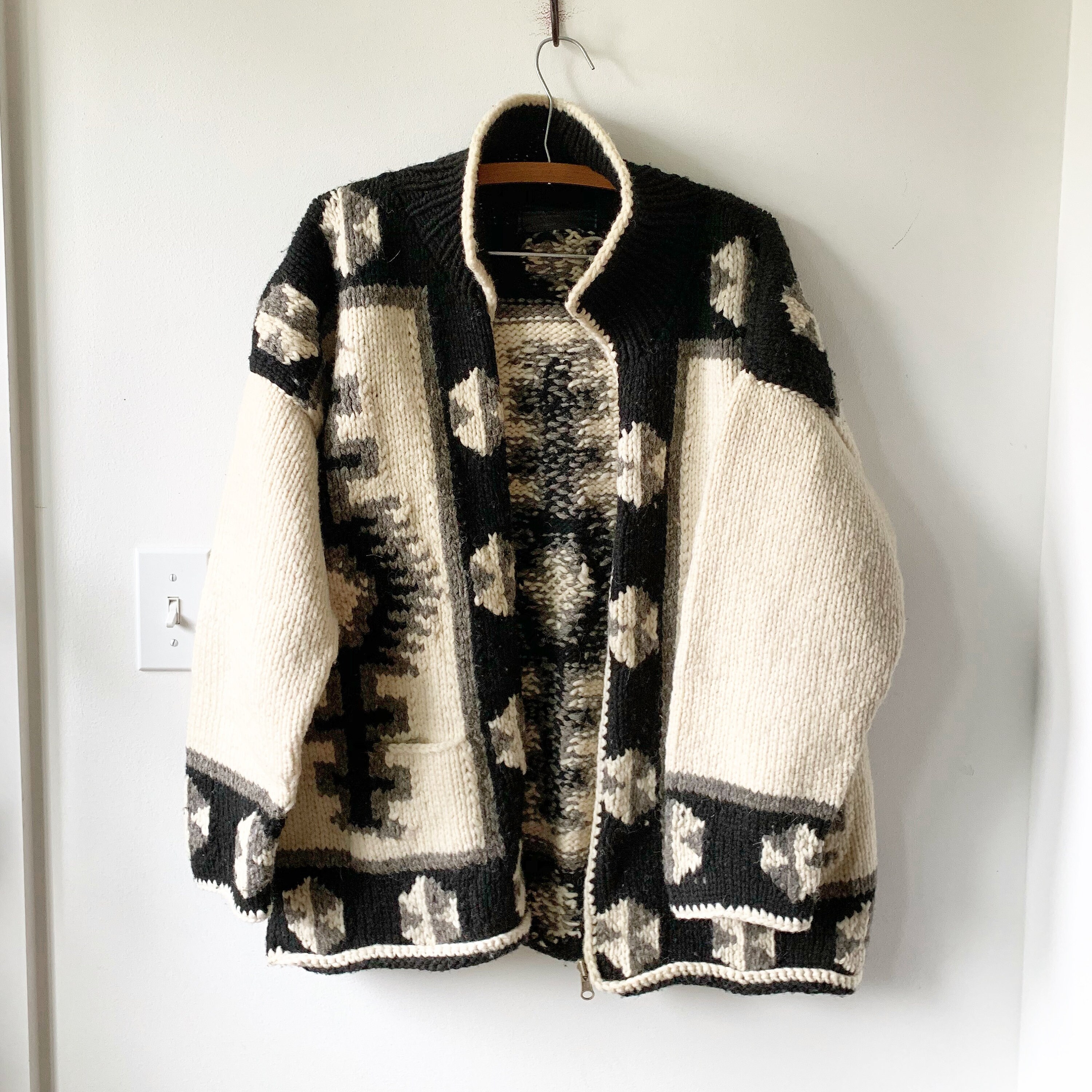 Vintage Ethnic Hand Knit Wool Cardigan , Ecuadorian Wool Sweater