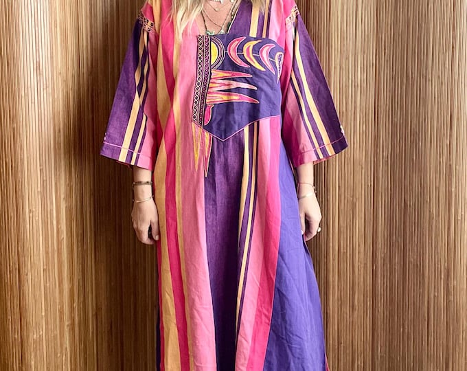 Vintage 60s Józefa Mexican Resort Kaftan — Bold Striped Cotton Resort Embroidered Dress
