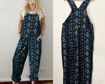 Vintage Rare Indian Block Print Overalls , Indian Cotton Jumpsuit, Indigo Block Print One-piece