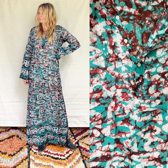 Vintage 70s Indian Cotton Batik Kaftan , India Bat