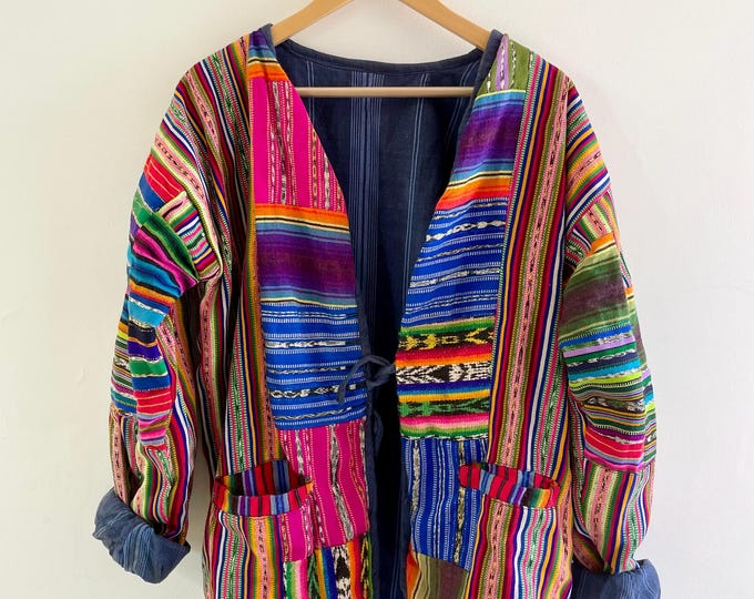 Vintage Ethnic Guatemalan Jacket , Multi Color Patchwork Jacket, Ethnic Kimono Jacket , Ikat Jacket , Hand Loomed Irate Jacket w/ Lurex