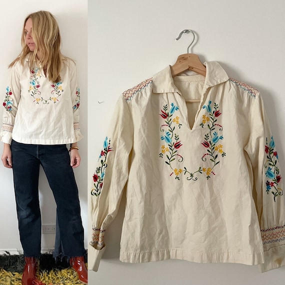 Hand 70s Embroidered Blouse , BOHO Folk Blouse