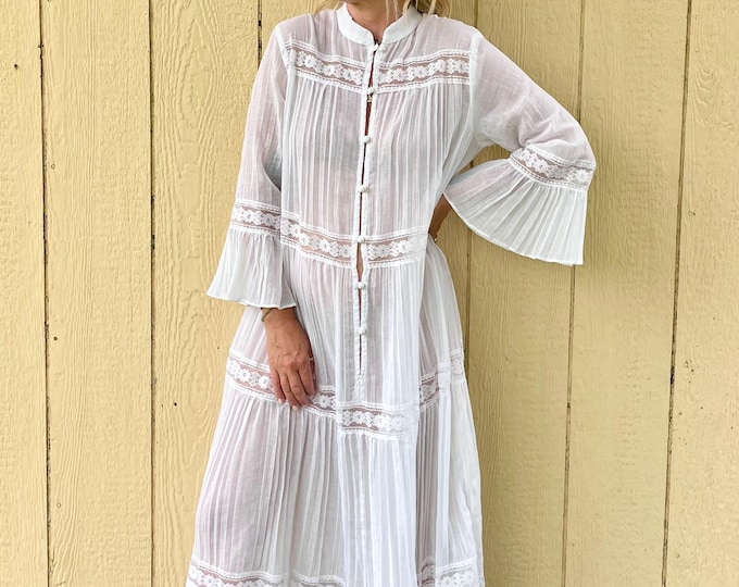 Vintage Lace Trim Cotton Kaftan, Mexican Cotton Maxi Kaftan , White Maxi Dress , Bohemian White Gauze Dress