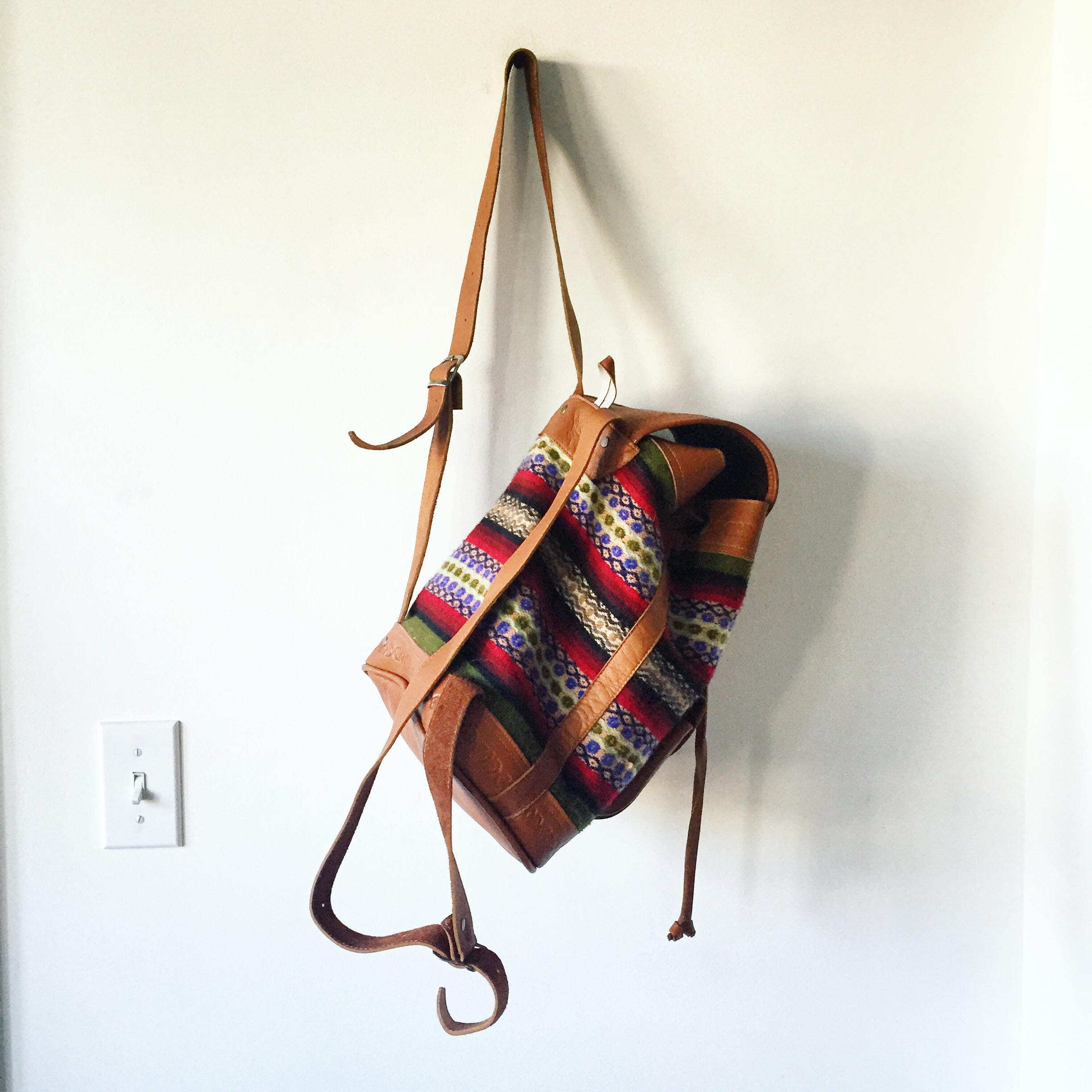 Vintage Blanket & Leather Backpack, Ecuador Wool Leather Backpack
