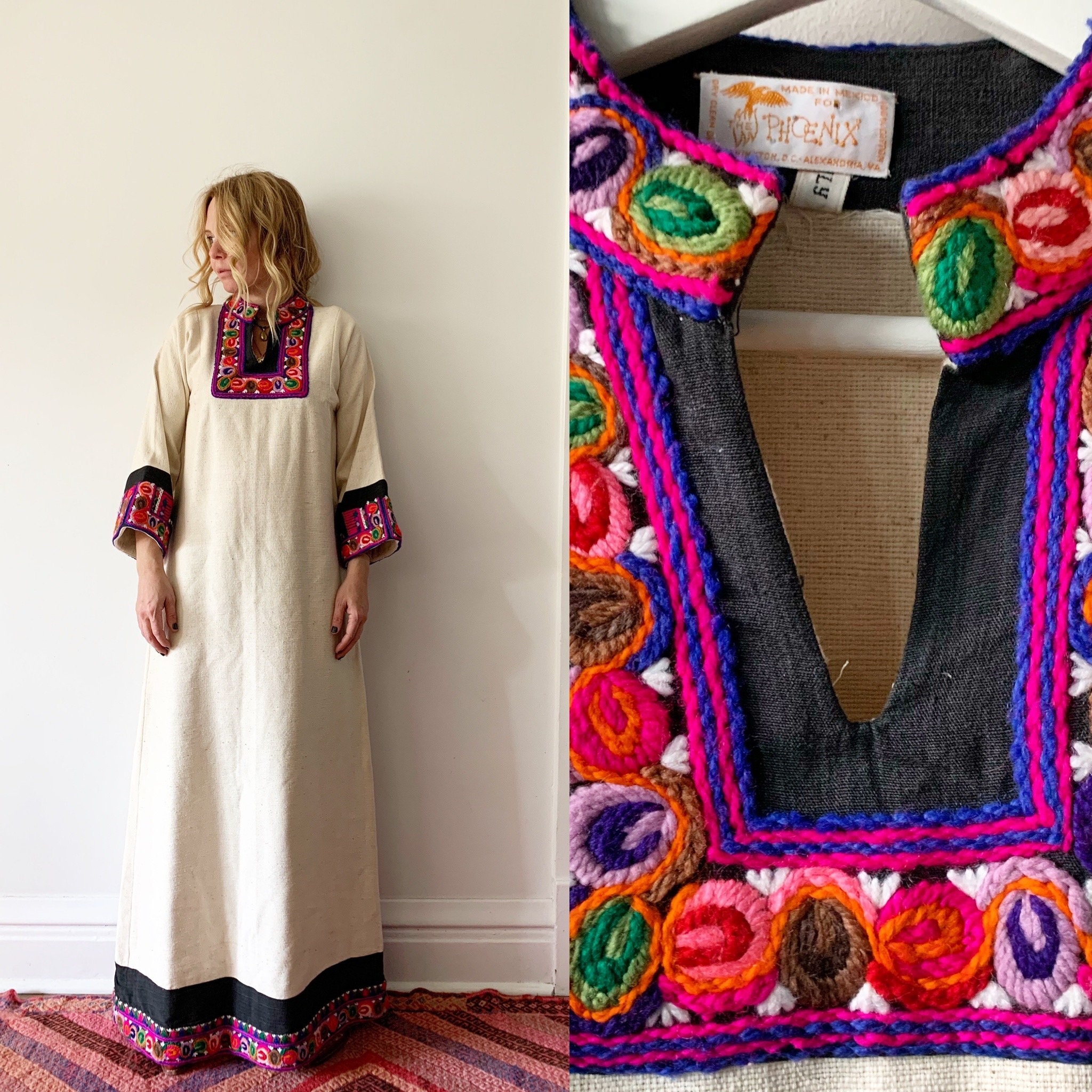 Vintage 70s Mexican Embroidered Kaftan, Designer Mexican Caftan