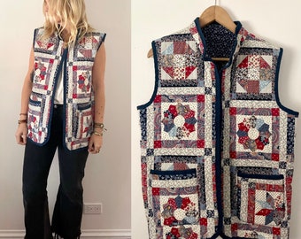 Vintage Quilted Vest , Floral Quilt Vest , Cottage Core Handmade Vest , Oversize Quilt Vest