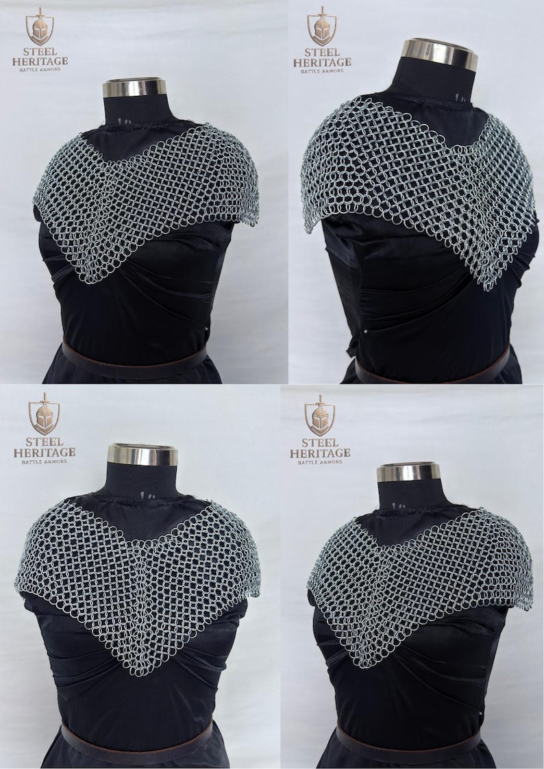 May include: A silver chainmail coif, displayed on a black mannequin. The coif is made of small, interlocking metal rings, designed to protect the neck and shoulders. The Steel Heritage logo is visible in the background.