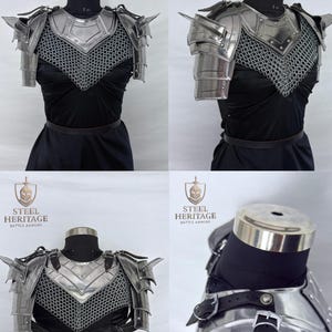May include: A set of steel battle armor, including a chest plate, shoulder guards, and chainmail. The armor is displayed on a black mannequin. The Steel Heritage logo is visible in the image.