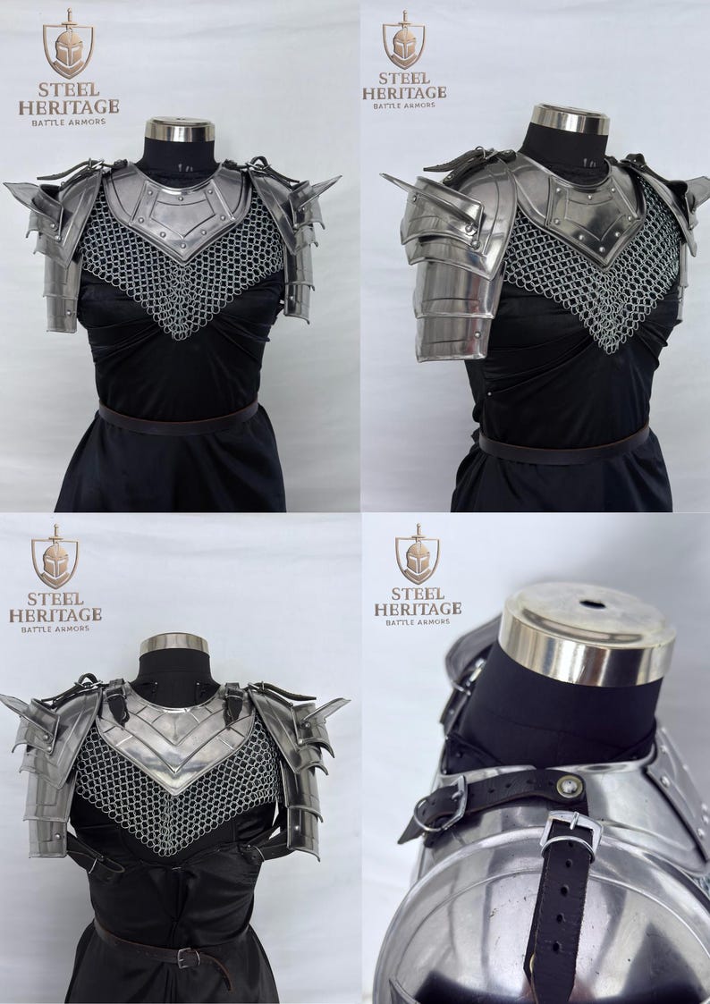 May include: A set of steel battle armor, including a chest plate, shoulder guards, and chainmail. The armor is displayed on a black mannequin. The Steel Heritage logo is visible in the image.