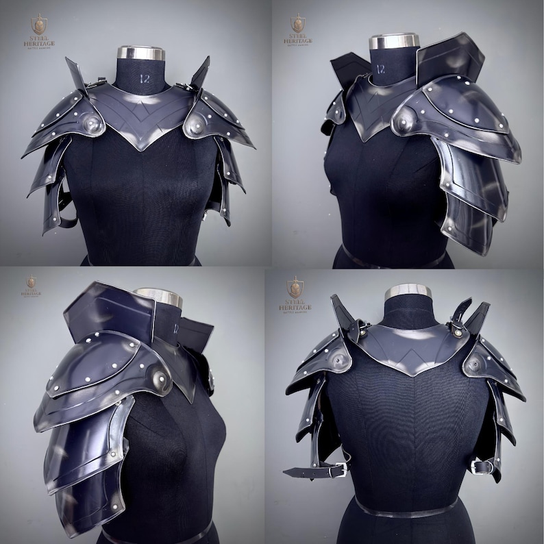 May include: Black steel shoulder armor with layered plates and rivet details. The armor is displayed on a black mannequin, showcasing its design and craftsmanship. The armor features a neck guard and shoulder spikes.