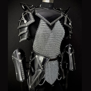 May include: A suit of armor featuring a black chest plate, shoulder pauldrons, and arm guards with silver floral-patterned trim. A silver chainmail shirt and skirt are worn underneath the black metal plates, which are accented with small silver studs.