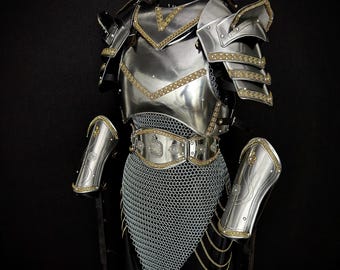 Handcrafted Medieval Armor Suit with Chainmail Skirt – Steel Knight with Gold Trim LARP Costume