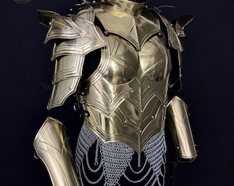 Golden Medieval Full Plate Armor with Chainmail Skirt | Fantasy Knight Steel Armor Set, Cosplay