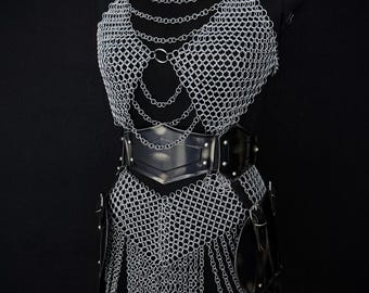 Medieval Steel Knight Armor Set:  Chainmail top-skirt, LARP Cosplay Renaissance Armor.