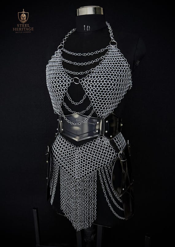 Medieval Steel Knight Armor Set:  Chainmail top-skirt, LARP Cosplay Renaissance Armor.
