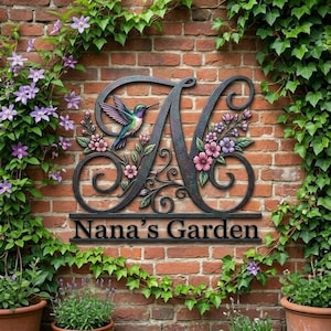 Nana’s Garden Monogram Metal Sign, Personalized Initial Floral Wall Decor, Hummingbird Custom Name Outdoor Sign Gift