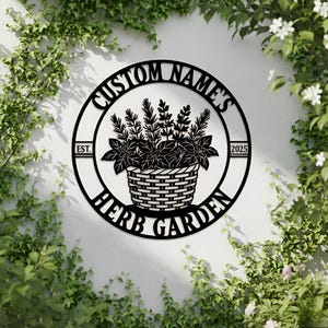 Custom Herb Garden Metal Sign, Personalized Garden Decor, Outdoor Plant Marker, Basket Herb Wall Art, Gift for Gardeners & Plant Lovers