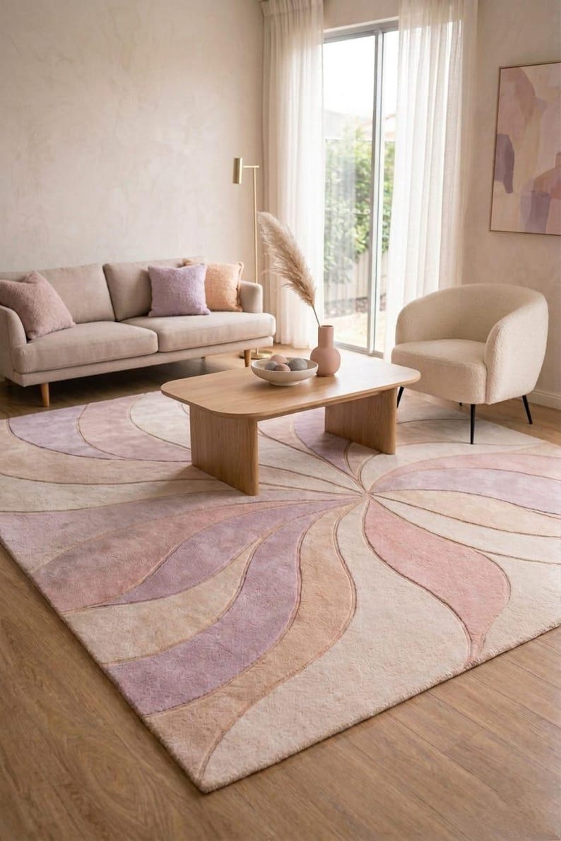 Pastel Abstract Wool Rug, Hand Tufted Swirl Living Room Carpet ...