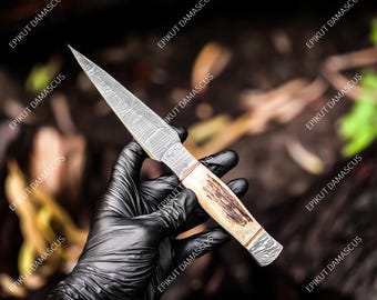 Handmade Damascus Steel Hunting Knife: Wood & Stag Antler Handle