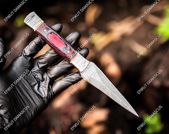 Handmade Damascus Steel Double Edged Boot Knife - Wood & Stag Antler Handle