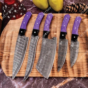 Damascus Steel Chef Set, Hand Forged Damascus Chef Set, Damascus Chef Knife, Kitchen Knife, Handmade Damascus Steel BBQ Knife Set Gift MEN