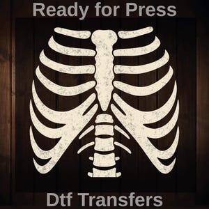 May include: A cream-colored rib cage design with a distressed texture is centered on a dark brown wooden background. The text "Ready for Press" is at the top, and "Dtf Transfers" is at the bottom.